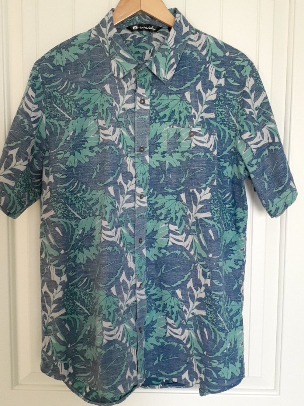 Travis Mathew Katmai Slim Fit Tropical Print SS Button-up Shirt Blue Opal Size L